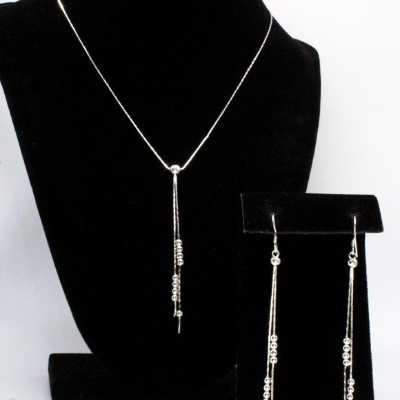 Contemporary New Sterling Silver Textured Drop Round Bead Dainty Necklace Set - Picture 2 of 9